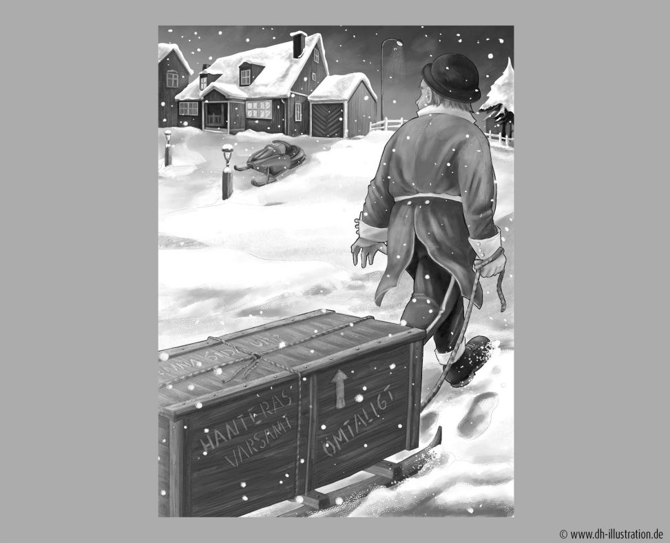 Mann zieht Kiste im Schnee